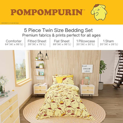 Sanrio Pompompurin Bedding Set, Twin Size 5 Piece Set Kids Super Soft Cozy Reversible Comforter and Sheet Set with Sham, (100% Officially Licensed Product) by Franco