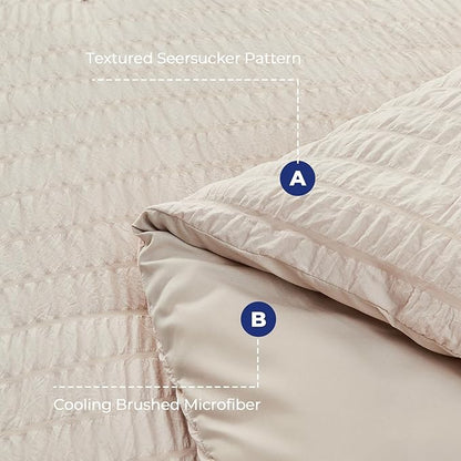HYMOKEGE Beige Twin Size Duvet Cover, Ultra Soft 2-Piece Seersucker Duvet Cover Set with Zipper Closure, Soft Brushed Microfiber Bedding Set with 8 Corner Ties (68"x90", 1 Pillowshams)