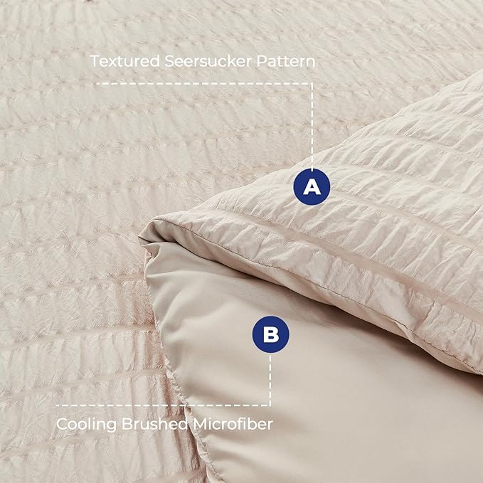 HYMOKEGE Beige Duvet Cover Full Size, Ultra Soft 3-Piece Seersucker Duvet Cover Set with Zipper Closure, Soft Brushed Microfiber Bedding Set with 8 Corner Ties (80"x90", 2 Pillowshams)