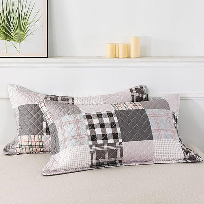 Travan Quilt Set 3-Piece Oversized Quilted Bedspread Coverlet Set Grey European British Grid Patchwork Bedding Set, Queen Size