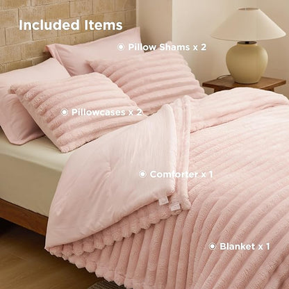 Bedsure Gentlesoft™ 2-in-1 King Size Comforter Set and Detachable Fluffy Blanket, Pink Bedding Set for All Season Use, SnapTech™ Design for Space Saving (Includes 2 Pillow Shams, 2 Pillowcases)
