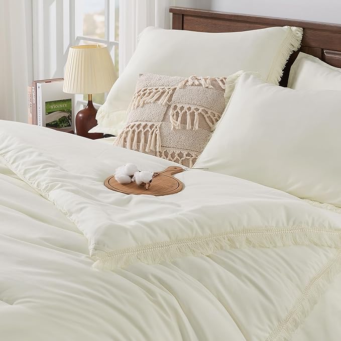 Andency Oversized King Comforter Set with Sheets 120x120 Ivory - 7 Pieces Boho Tassel Bed in a Bag Soft Lightweight Bedding Sets, Fringe Bed Set with Comforter, Sheets, Pillowcases & Shams