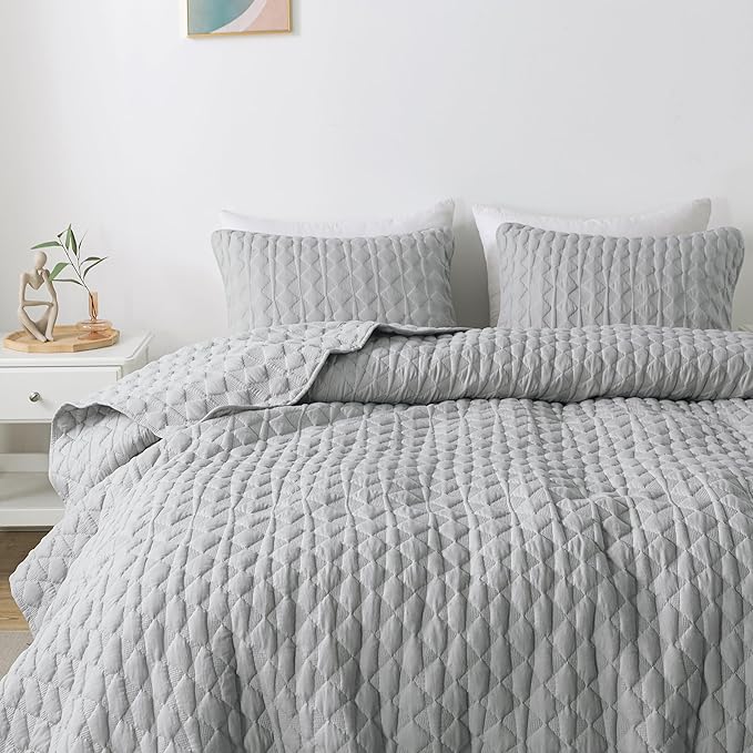 WDCOZY Light Grey Quilts Queen Size Bedding Set with 2 Pillow Shams, Lightweight Soft Bedspread Coverlet, Thin Comforter Bed Cover for All Season, 3 Pieces, 90x90 inches