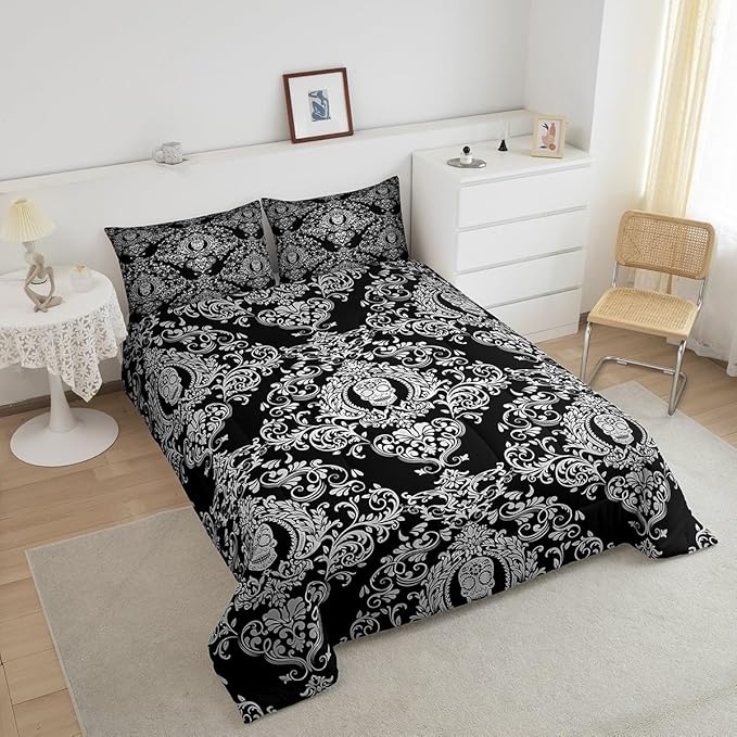 Feelyou Adults White Vintage Damask Floral Comforter Set Oriental Antique Comforter Queen Size Gothic Bohemia Boho Bedding Set Exotic Sugar Skull Duvet Set Quilt Set 3Pcs
