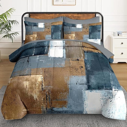 5 Pcs Twin Size Comforter Set with Pillowcase & Sham, Grey Brown Painting Bedding for Kids and Adults, Beige Contemporary Bed in a Bag with Flat Fitted Sheet