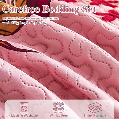 3 Piece Pink Boho Floral Full/Queen Quilt Sets Farmhouse Botanical Reversible Lightweight Bedspread with 2 Shams Butterfly Microfiber Bedding Quilts Set for All Season, 90''x96''