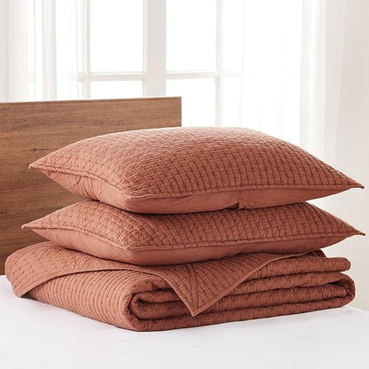 Levtex Home Cross Stitch Reversible Queen Bedspread Set (104x106in) with 2 Pillow Shams (26x20in) - Stitch Texture - Adobe - Cotton Queen Size Bedspread Set - Lightweight, Soft, Pre-Washed
