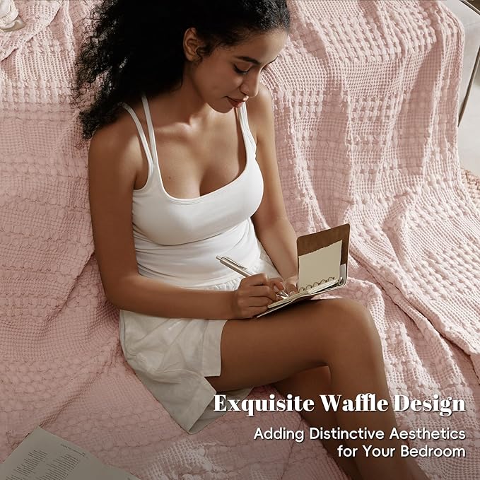 PHF 100% Cotton Waffle Weave Blanket Queen Size for Bed, Soft Lightweight & Breathable for Spring and Summer, All-Season Comfort, Luxury Aesthetic Blanket for Home Decor, 90"x90", Pink/Mauve
