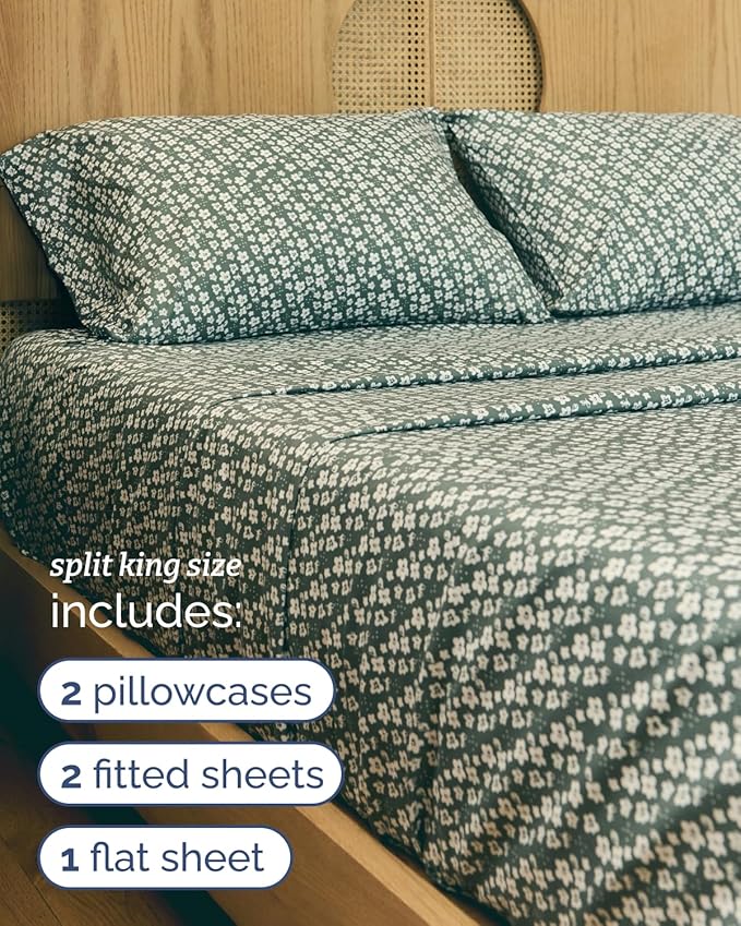 Floral Sheets - Green Floral Bed Sheet Set - 1 Flat, 2 Fitted & 2 Pillowcases w/ Deep Pockets - Comfy, Wrinkle & Fade Free - Boho Botanical Bedding - Soft, Breathable and Cooling - Split King Size Set