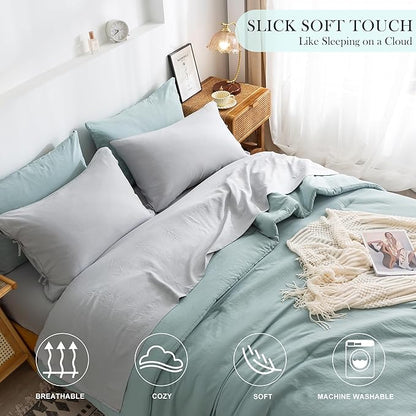 COTTEBED Super Soft King Bedding Sets with Comforter and Sheets - 7 Pieces King Bed in A Bag Modern Farmhouse Boho Washed Polycotton Sage Green Comforter and Grey Sheet Set Pillowcase Sham All Season