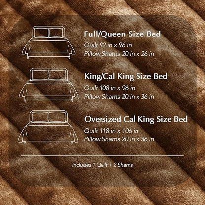EVERGRACE Velvet Quilt Set King Size, Luxurious Soft Striped Channel Bedding Set, Lightweight Velvet Comforter for All Season, Oversized Bedspread Coverlet with 2 Matching Shams, Dark Brown