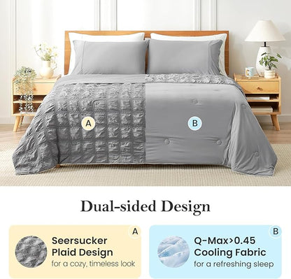 Cozy Bliss Cooling Comforter Seersucker Plaid King Size, Q-Max 0.45 Lightweight Cooling Blanket, Breathable Silk Smooth Summer Bedding Quilt for Hot Sleepers Night Sweats Dark Grey