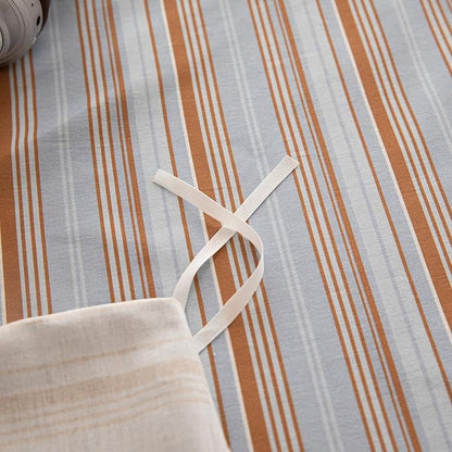 Striped Queen Duvet Cover Light Blue Caramel Brown Comforter Cover Queen Size Cotton Boho Soft Vintage Duvet Cover Set with 2 Pillow Cases Vertical Stripe Bedding Set Pattern Duvet Protector