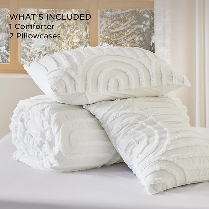 Bedsure Boho Tufted White Comforter Full Size, GentleSoft™ 3 Pieces Boho Farmhouse Decor Bedding, Arch Shabby Chic Bedding for All Seasons, 1 Bed Comforter, 2 Pillow Shams, 82x86 Inches