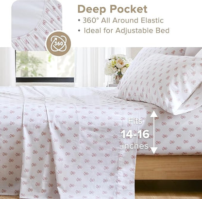 Comfort Spaces 100% Cotton Sheets King, Breathable, Naturally Cool Cotton Sheets, Soft Cotton Bed Sheets with 14" Elastic Pocket Fits up to 16" Mattress, All Seasons Sheet Set, Floral Pink 4 Piece