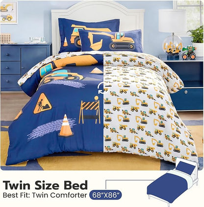 Joiedomi Kid Twin Comforter Set 5 Piece Construction Vehicle Bedding Set for Boys Girls Super Soft Microfiber Bed in a Bag with Comforter Sheets Pillowcase Sham