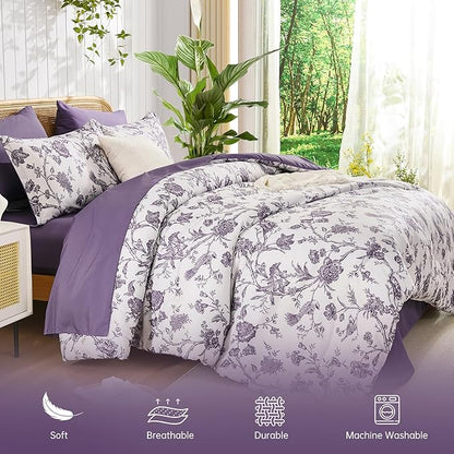 Luxudecor Floral Comforter Set Queen Size 7 Pieces, Purple Flower with Bird Bed in a Bag, Soft Reversible Comforter with Sheet Bed Set 90"x90"