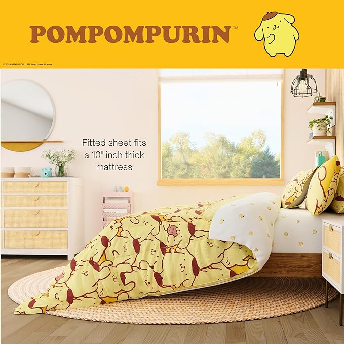 Sanrio Pompompurin Bedding Set, Queen Size 7 Piece Set Kids Super Soft Cozy Reversible Comforter and Sheet Set with Sham, (100% Officially Licensed Product) by Franco