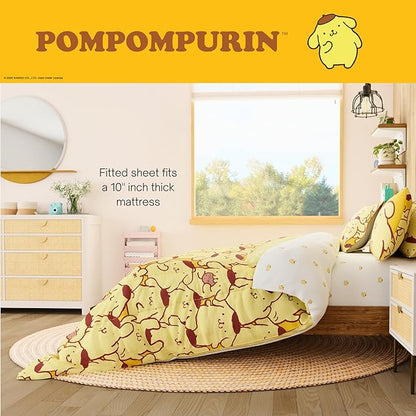 Sanrio Pompompurin Bedding Set, Queen Size 7 Piece Set Kids Super Soft Cozy Reversible Comforter and Sheet Set with Sham, (100% Officially Licensed Product) by Franco