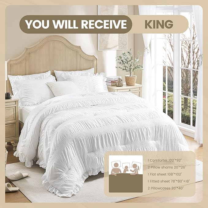 QUIETSEA King Comforter Set Seersucker 7 Pieces Luxury Ruffle Bed in a Bag King Size for All Season White Bedding Set with Comforter, Pillowcases, Flat Sheet, Fitted Sheet and Pillow Shams