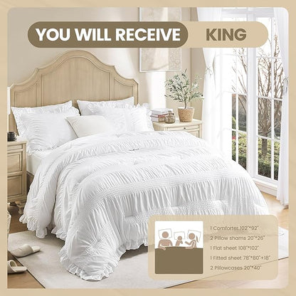 QUIETSEA King Comforter Set Seersucker 7 Pieces Luxury Ruffle Bed in a Bag King Size for All Season White Bedding Set with Comforter, Pillowcases, Flat Sheet, Fitted Sheet and Pillow Shams