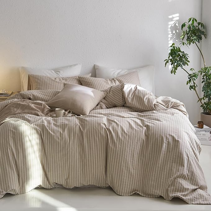 MooMee Striped Duvet Cover Set 100% Washed Cotton Linen Like Textured Breathable Durable Soft Comfy (Tannish Linen Grey White Wide Stripes, Palatial King/Oversized King 120"x98")