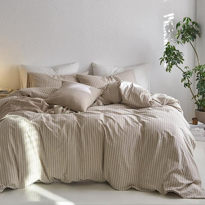 MooMee Striped Duvet Cover Set 100% Washed Cotton Linen Like Textured Breathable Durable Soft Comfy (Tannish Linen Grey White Wide Stripes, Palatial King/Oversized King 120"x98")
