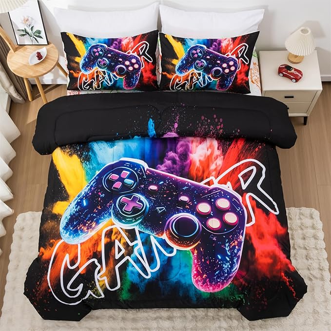Aimuan Gamer Gaming Bedding Sets 3D Gamepad Comforter Sets for Boys Games Console Action Buttons Novelty Colorful Game Controller Modern Room Decor Home Quilt Set (Black-Purple, Twin)