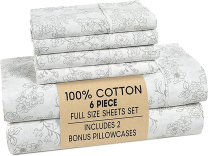 Casa Platino 100% Cotton Full Sheet Set – 6 Piece Full Sheet Set with Crisp Cool & Soft Feel, with 15 Inch Deep Pocket Fitted Sheet, Breathable & Cozy for a Good Nights Sleep – Ashpetal