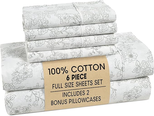 Casa Platino 100% Cotton Full Sheet Set – 6 Piece Full Sheet Set with Crisp Cool & Soft Feel, with 15 Inch Deep Pocket Fitted Sheet, Breathable & Cozy for a Good Nights Sleep – Ashpetal