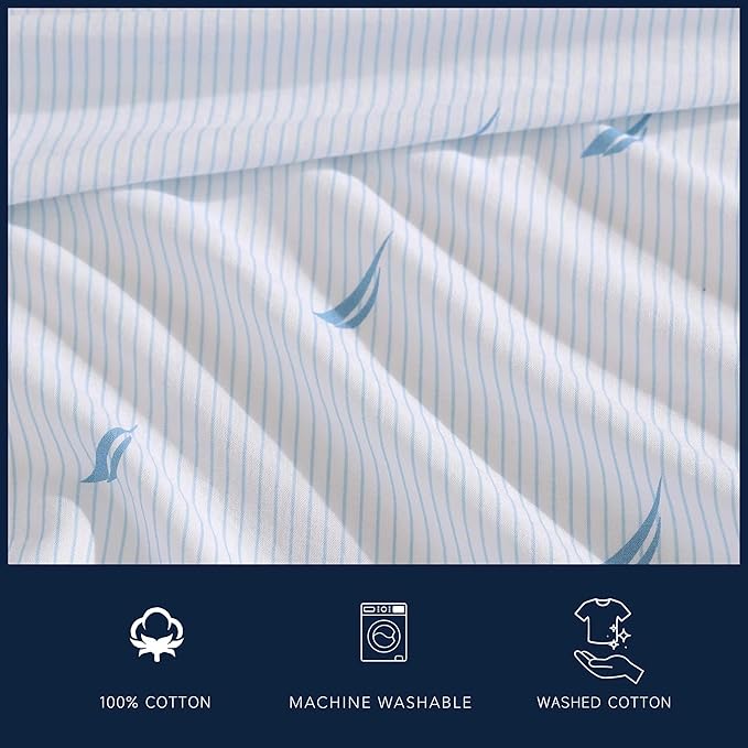 Nautica - Queen Sheets, Cotton Percale Bedding Set, Casual Bedding Set (Boat Stripe Pale Blue, Queen)