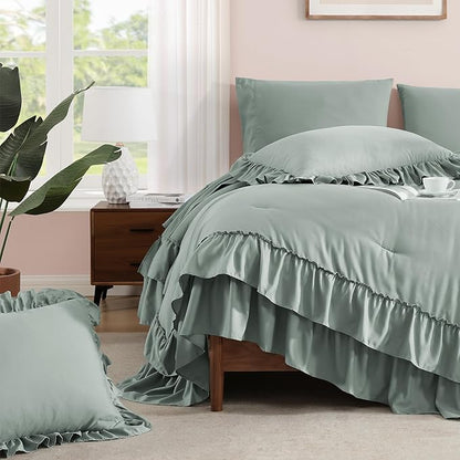 Full Comforter Set Sage Green, Ruffle Shabby Chic Bedding Set Farmhouse 7 Pieces, All Season Fluffy Bed in a Bag with Sheets, Pillowcases & Shams