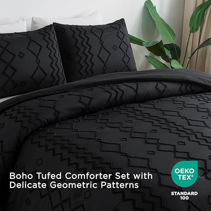 Andency Black Boho Tufted Comforter Set California King, 3 Pieces Textured Farmhouse Bed, Soft Microfiber Down Alternative Geometric Comforter Bedding Set (104x96Inch)