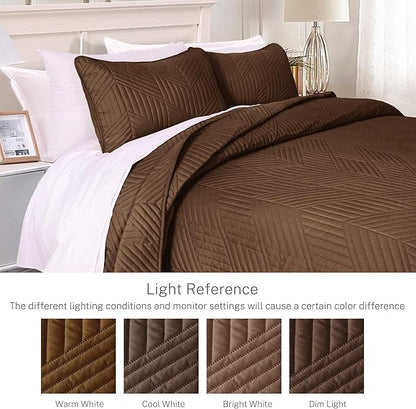 Exclusivo Mezcla Ultrasonic Twin Quilt Bedding Set, Lightweight Brown Bedspreads Soft Modern Geometric Coverlet Set for All Seasons (1 Quilt and 1 Pillow Sham)