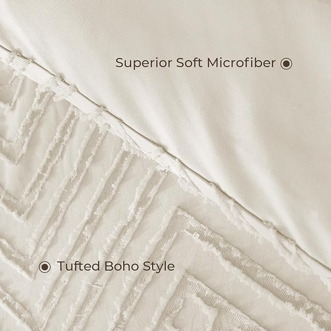 Litanika Beige Super King Plus Comforter, 3 Pieces Cream Tufted Boho Farmhouse Bedding Comforter Sets, Lightweight Fluffy Bed Set for All Season (128x120In Comforter and 2 Pillowcases)