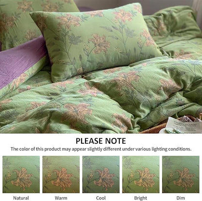 VM VOUGEMARKET Retro Flower Duvet Cover King,3Pcs Yarn-Dyed French Linen Jacquard Duvet Cover Set Mint Green Purple Bedding Set for Girls Women Without Comforter