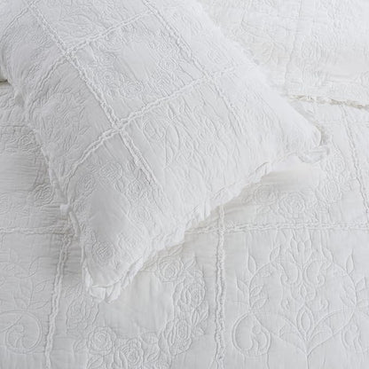 DURLENGEN White Rose Patchwork 100% Cotton King Quilt 3Pcs,White Patchwork with Rose Pattern,Luxury Lightweight Cotton Coverlet Sets for All Season(King 106x96,White Rose Patchwork)