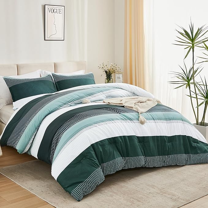 Litanika Dark Emerald Green Bed Comforter Twin/Twin XL Set, 2 Pieces Twin Extra Long Size Boys Men Forest Bedding Set, Single Colorblock Striped Bed Set