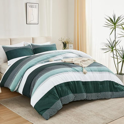 Litanika Dark Emerald Green King Bed Comforter Set, 3 Pieces Bedding Set, Colorblock Stripe Vintage Bed Set (104x90In Comforter & 2 Pillowcases)