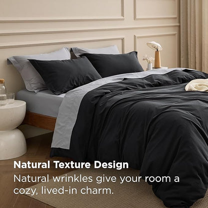 Bedsure 100% Washed Cotton Duvet Cover King Size - Black Minimalist Bedding Set Linen Like - PureWoven Plain Simple & Soft Comforter Cover for All Seasons (Black, King, 104"x90")