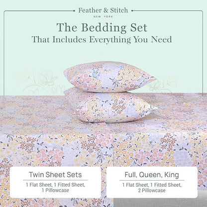 Feather & Stitch Softest 100% Cotton Sheets, 300 Thread Count Percale Weave Bedding, 16" Deep Pocket, Cooling Sheets, Breathable Bed Set, Hotel Premium Quality (King, Victorian Floral)