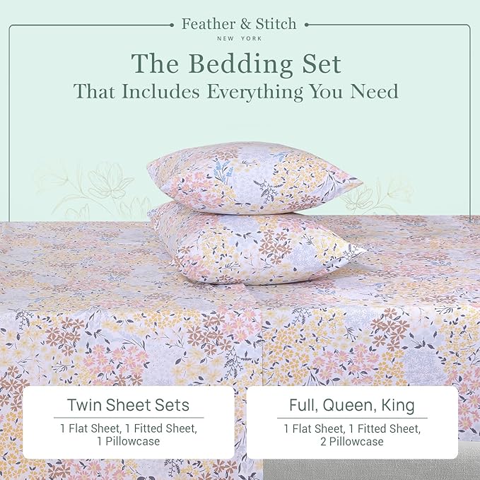Feather & Stitch Softest 100% Cotton Sheets, 300 Thread Count Percale Weave Bedding, 16" Deep Pocket, Cooling Sheets, Breathable Bed Set, Hotel Premium Quality (Twin, Victorian Floral)