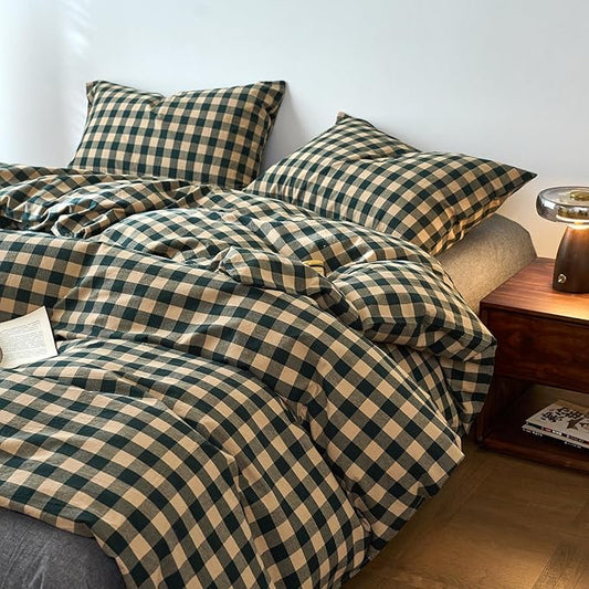 EAVD Vintage Style Beige&Green Plaid Duvet Cover Set Queen 100% Washed Cotton Like Linen Feel Soft Grid Checkered Bedding Set with 2 Pillowcases Farmhouse Geometric Pattern Duvet Cover with Zipper