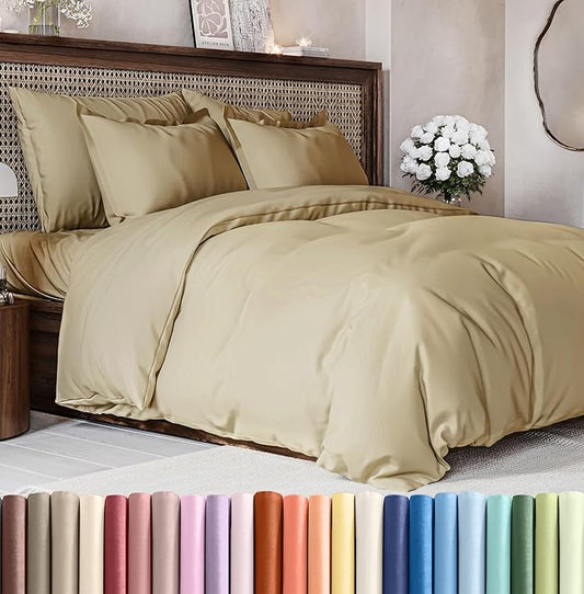Duvet Cover Queen Size Set - Extra Soft Queen Duvet Cover 90" x 90" with 2 Pillow Shams - Hotel Luxury, Easy Care and Fade Free w/ Zipper Closures & Ties - All Season, Comfy, Cozy & Breathable (Beige)