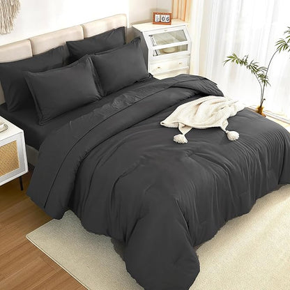 Litanika Comforter California King Size Set Dark Grey - 7 Pieces Bed in a Bag California King Bedding Comforter Sets, Plain Lightweight Bed Set with Comforter, Sheets, Pillowcases & Shams