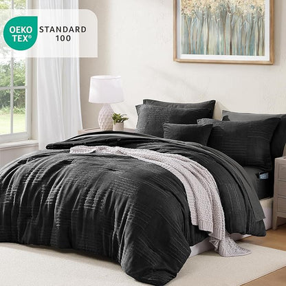 MaiRêve Full Size Comforter Sets Black, Textured Design Crinkle Bedding Sets 7 Pieces, All Season Bed in A Bag with Comforter, Sheets, Pillowcases & Shams