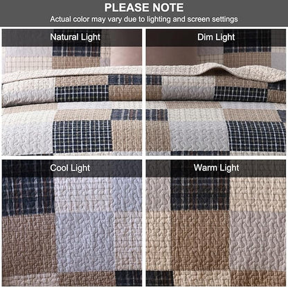 PANGUSHAN Quilts Set King Size,100% Cotton Quilt,Patchwork Plaid King Quilt Bedding Set Bedspreads,Farmhouse Rustic Lightweight Comforter for King Bed,Cream/Brown/Blue-Black/Off-White Bed Spread