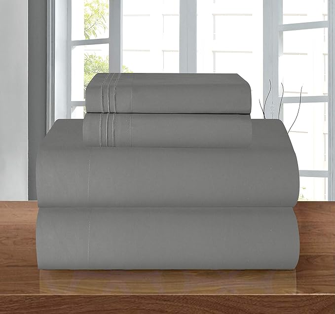 Elegant Comfort Luxury 1500 Premium Hotel Quality Microfiber 4-Piece Sheet Set - Wrinkle Resistant, All Around Elastic Fitted Sheet, Deep Pocket up to 16", Twin/Twin XL, Grey