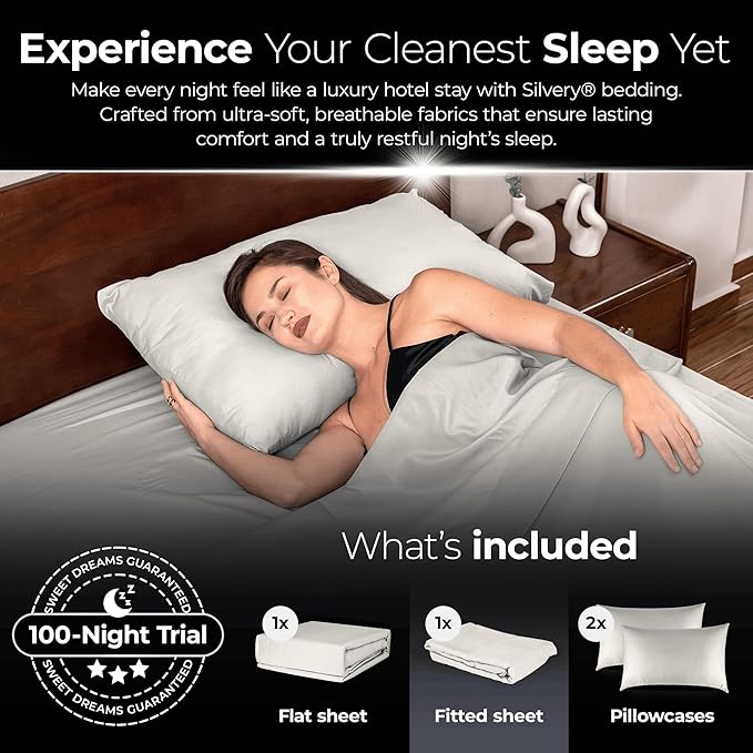 Silvery Silver Infused Bed Sheets Set - Ultra-Soft Temperature-Regulating Fabric with Self-Cleaning Technology™ That Stays Fresh 3X Longer for Hygienic Sleep