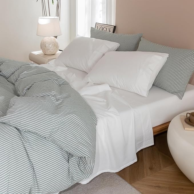 JIYUAN Queen Size Sheet Set, 4-Piece - 100% Washed Cotton, Linen-Like Soft & Breathable, Includes Deep Pocket Fitted & Flat Sheet with 2 Pillowcases, Hotel Quality, Solid Bright White